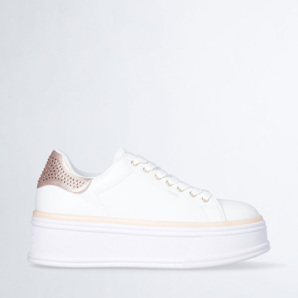 LIU JO Selma 16 Plateau-Sneaker aus weißem Leder mit Puder-Satin-Einsatz mit Strasssteinen
