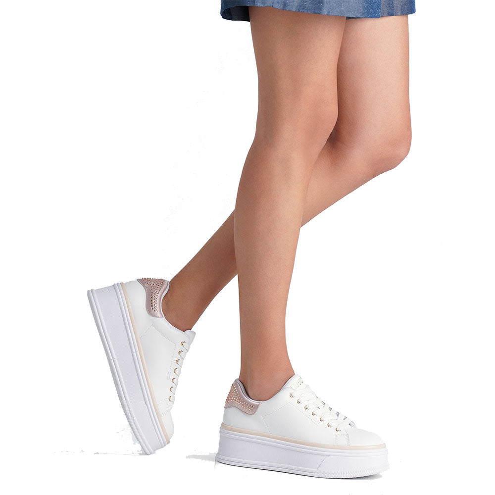 LIU JO Selma 16 Plateau-Sneaker aus weißem Leder mit Puder-Satin-Einsatz mit Strasssteinen