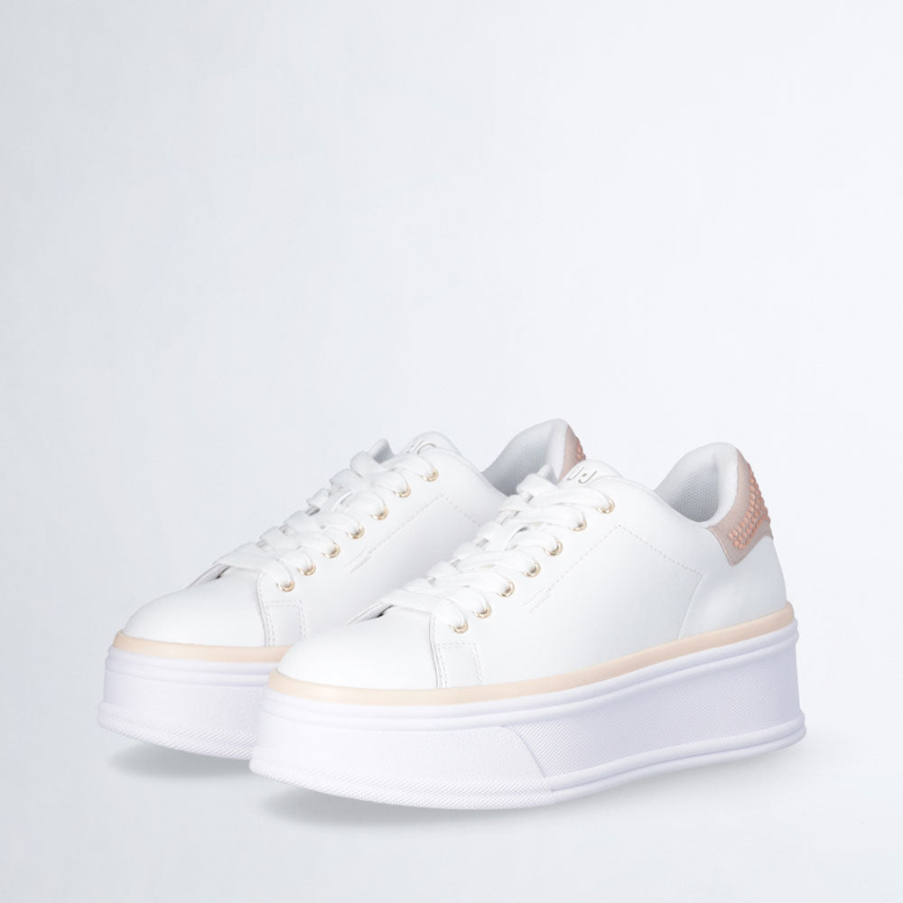 LIU JO Selma 16 Plateau-Sneaker aus weißem Leder mit Puder-Satin-Einsatz mit Strasssteinen