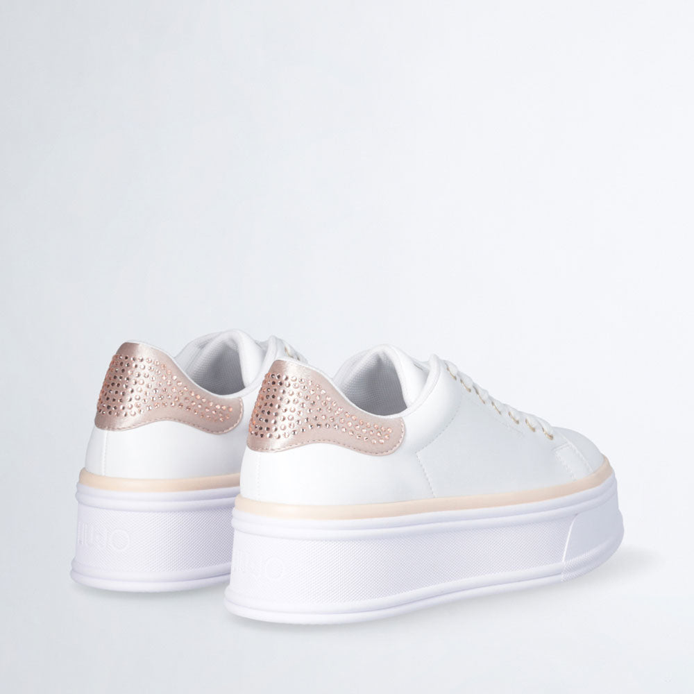 LIU JO Selma 16 Plateau-Sneaker aus weißem Leder mit Puder-Satin-Einsatz mit Strasssteinen