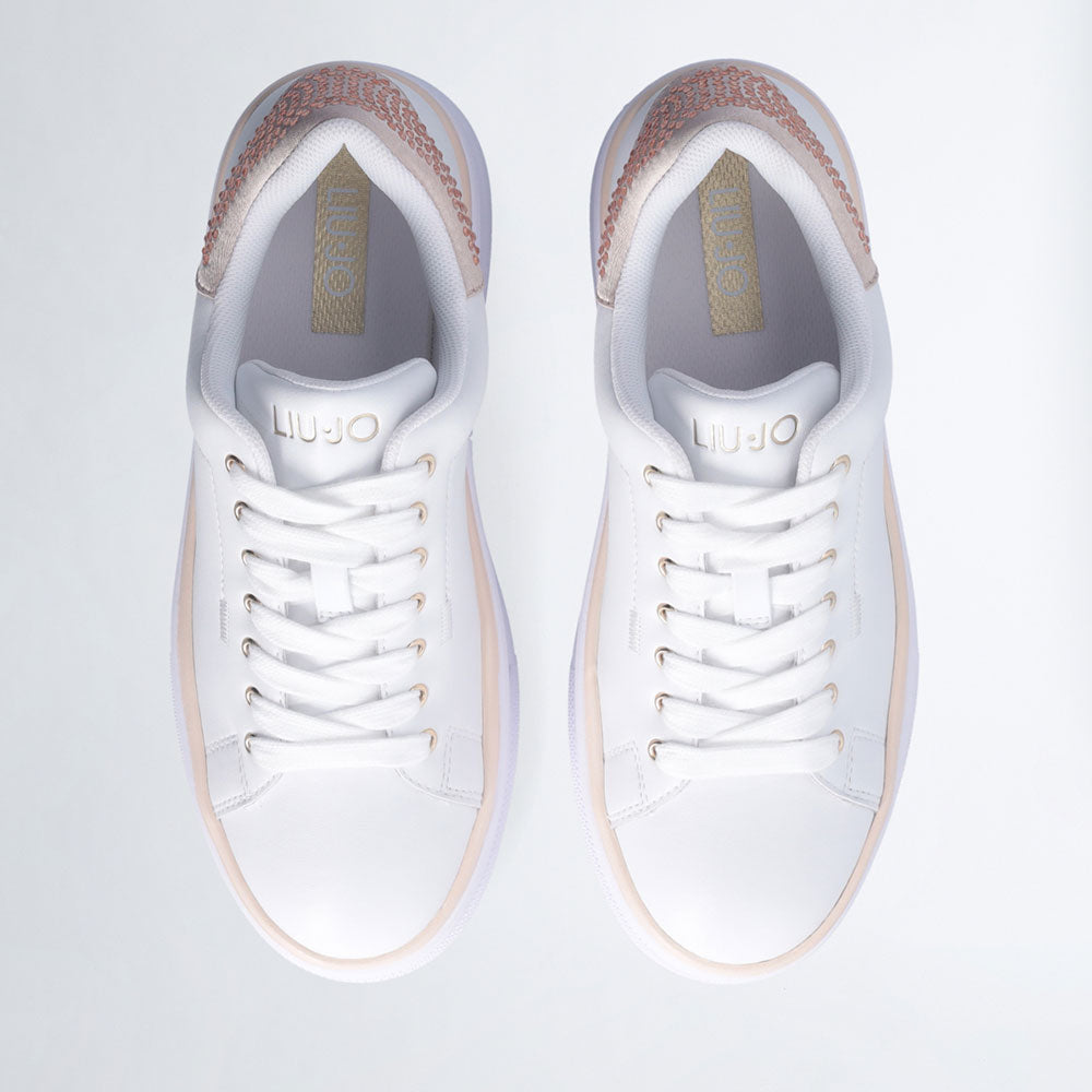 LIU JO Selma 16 Plateau-Sneaker aus weißem Leder mit Puder-Satin-Einsatz mit Strasssteinen