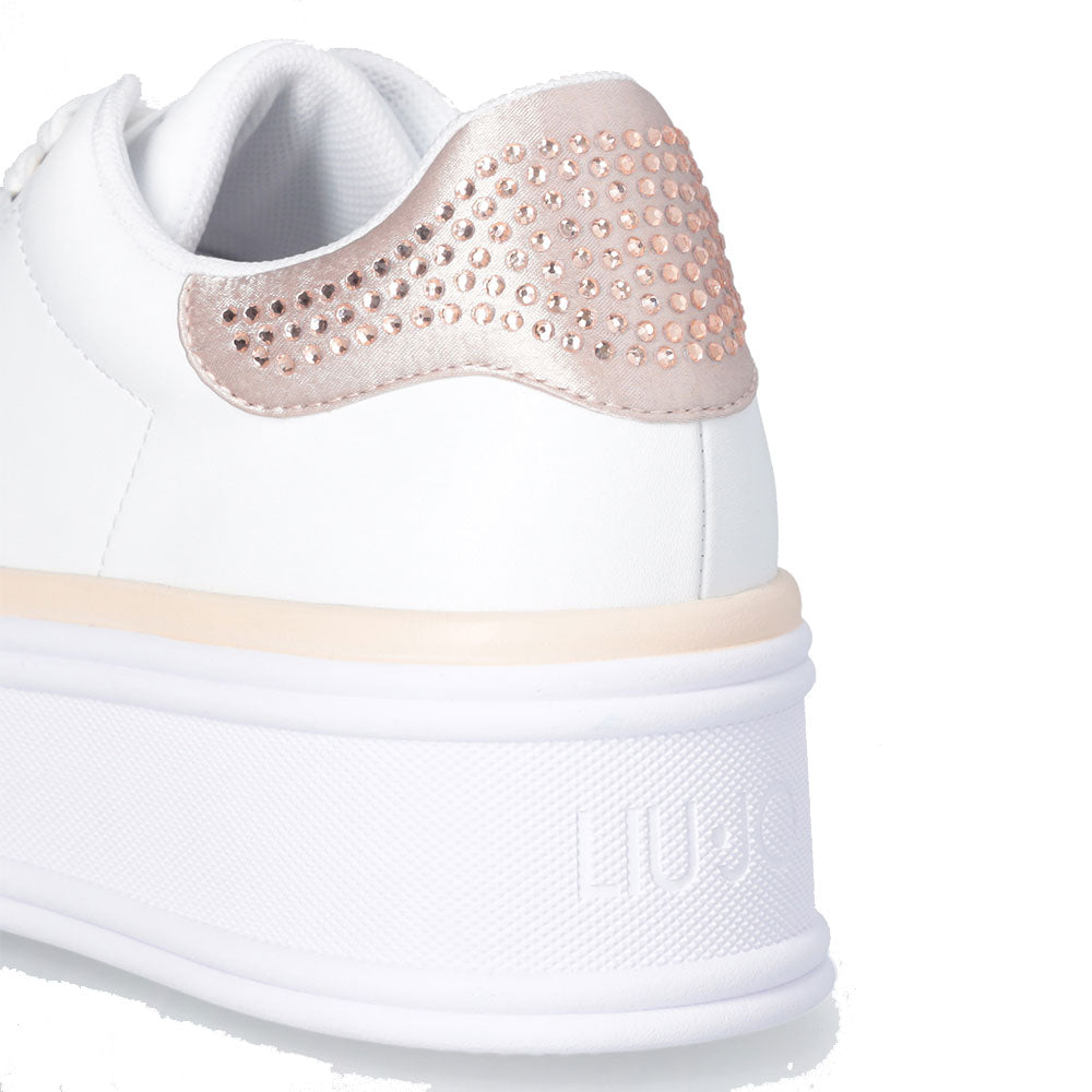 LIU JO Selma 16 Plateau-Sneaker aus weißem Leder mit Puder-Satin-Einsatz mit Strasssteinen