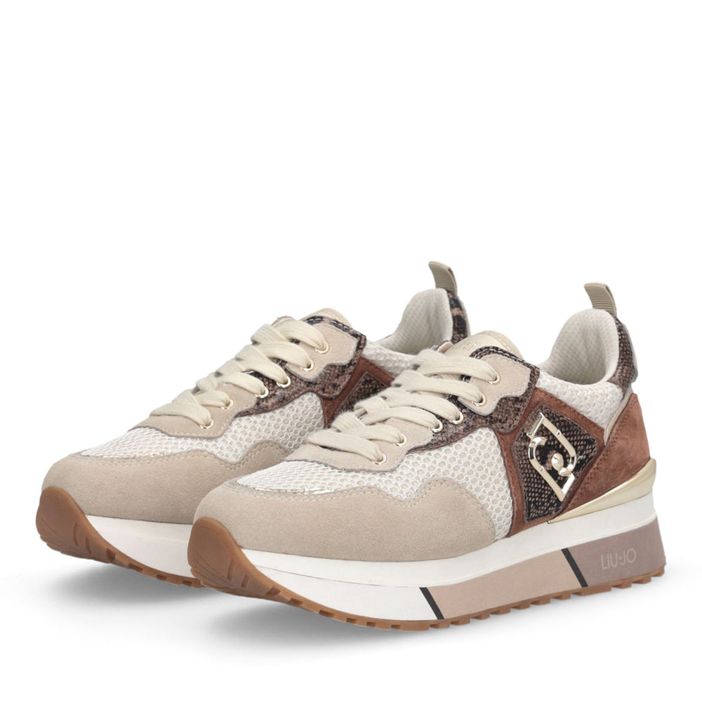 LIU JO Maxi Wonder 01 Damen Plateau-Sneaker aus Wildleder und Mesh mit Python-Print in Seil und Braun