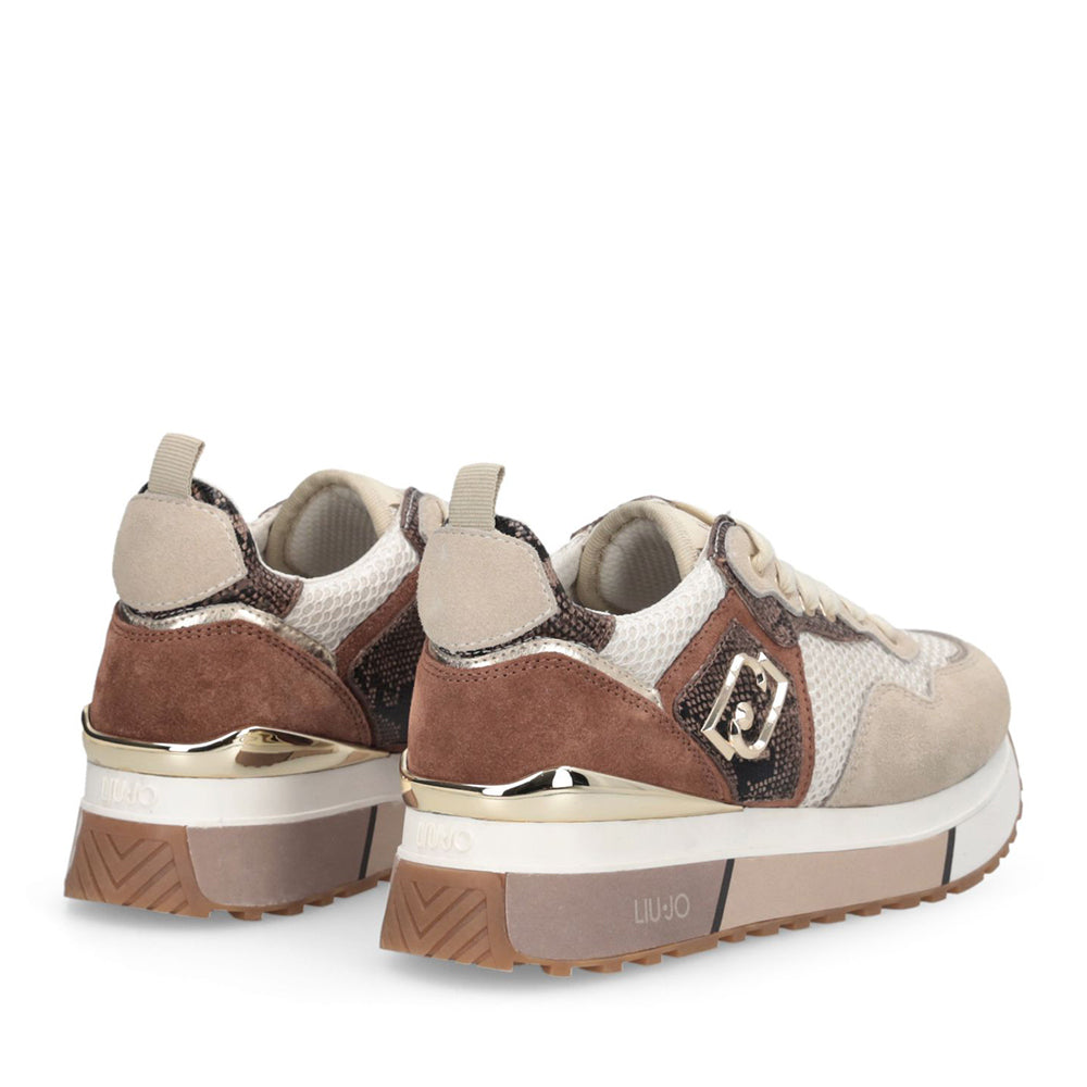 LIU JO Maxi Wonder 01 Damen Plateau-Sneaker aus Wildleder und Mesh mit Python-Print in Seil und Braun