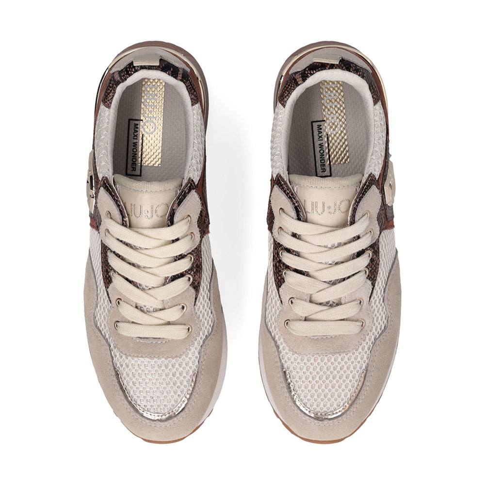 LIU JO Maxi Wonder 01 Damen Plateau-Sneaker aus Wildleder und Mesh mit Python-Print in Seil und Braun