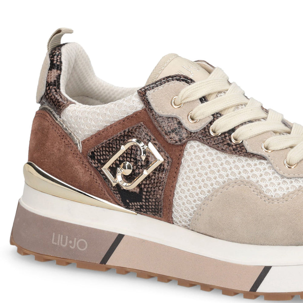 LIU JO Maxi Wonder 01 Damen Plateau-Sneaker aus Wildleder und Mesh mit Python-Print in Seil und Braun