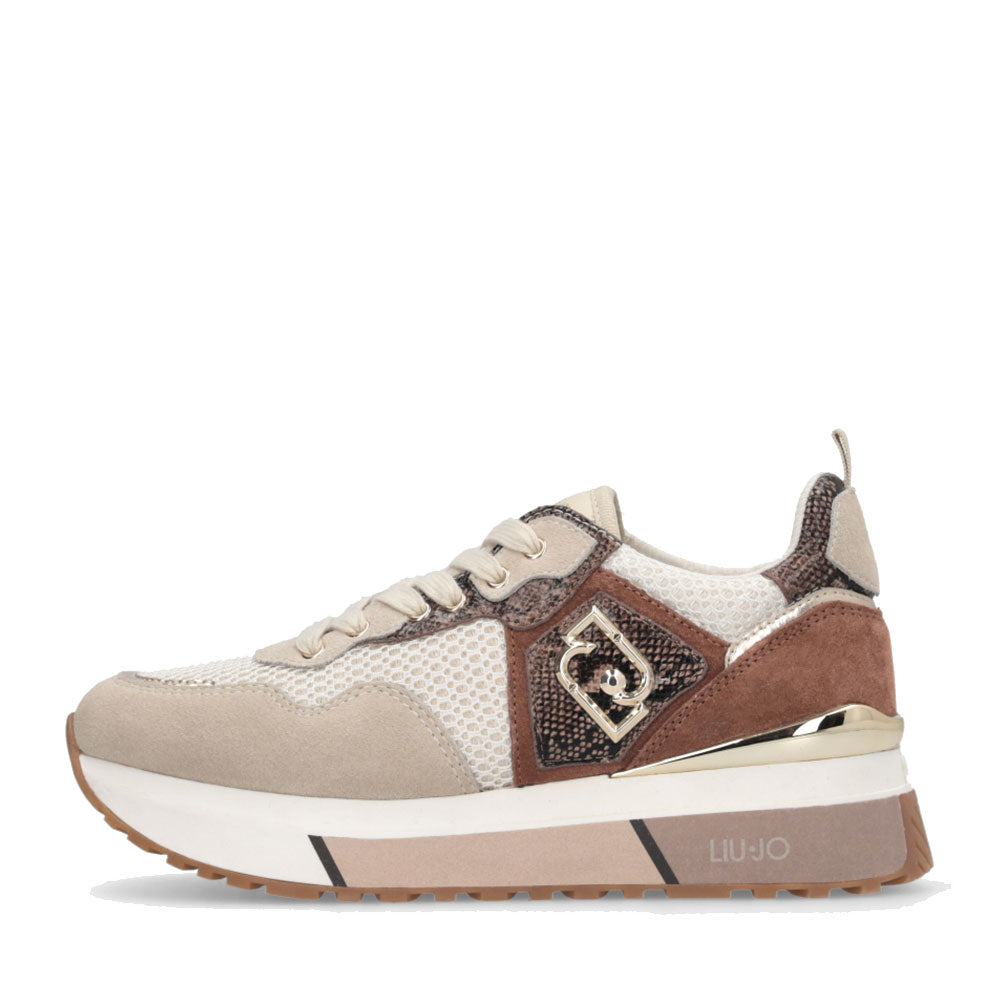 LIU JO Maxi Wonder 01 Damen Plateau-Sneaker aus Wildleder und Mesh mit Python-Print in Seil und Braun