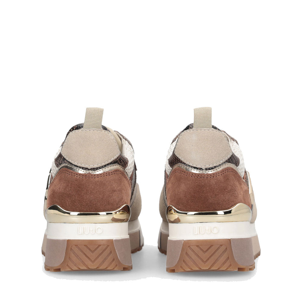 LIU JO Maxi Wonder 01 Damen Plateau-Sneaker aus Wildleder und Mesh mit Python-Print in Seil und Braun