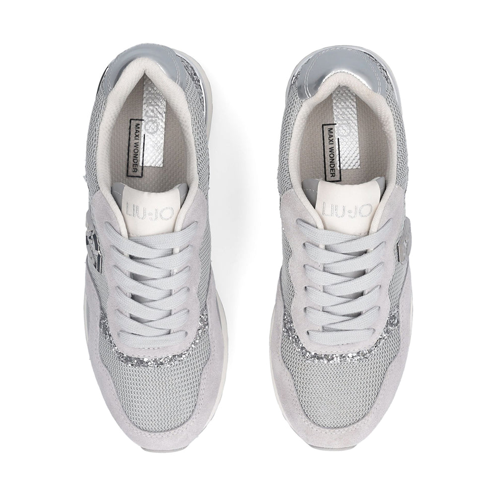 Sneakers Running LIU JO Maxi Wonder Low 02 in Glitter Mesh e Suede Loft Silver
