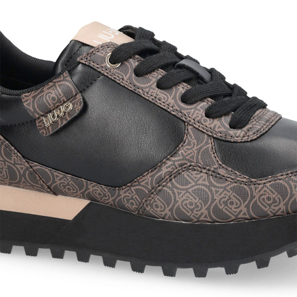 Sneakers Running LIU JO Evelyn 915 effetto Saffiano con Logo Monogram All Over Marrone e Nero