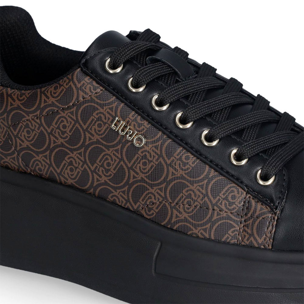 Sneakers Platform LIU JO Babol 01 effetto Saffiano con Logo Monogram All Over Nero e Marrone
