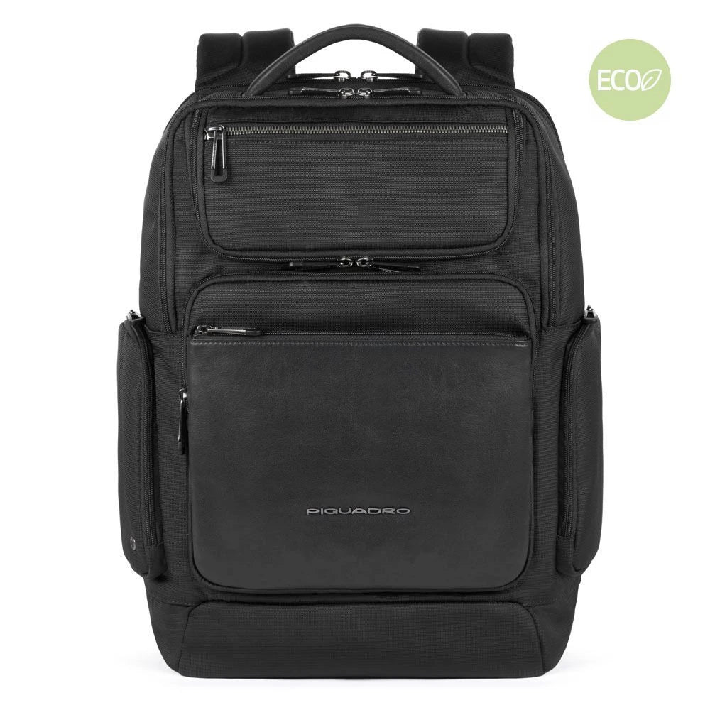 PIQUADRO Rucksack 15,6" PC-Halter Macbeth Collection Schwarzes Leder und Stoff - CA5317S115
