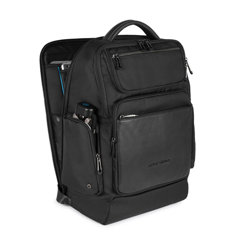 PIQUADRO Rucksack 15,6" PC-Halter Macbeth Collection Schwarzes Leder und Stoff - CA5317S115