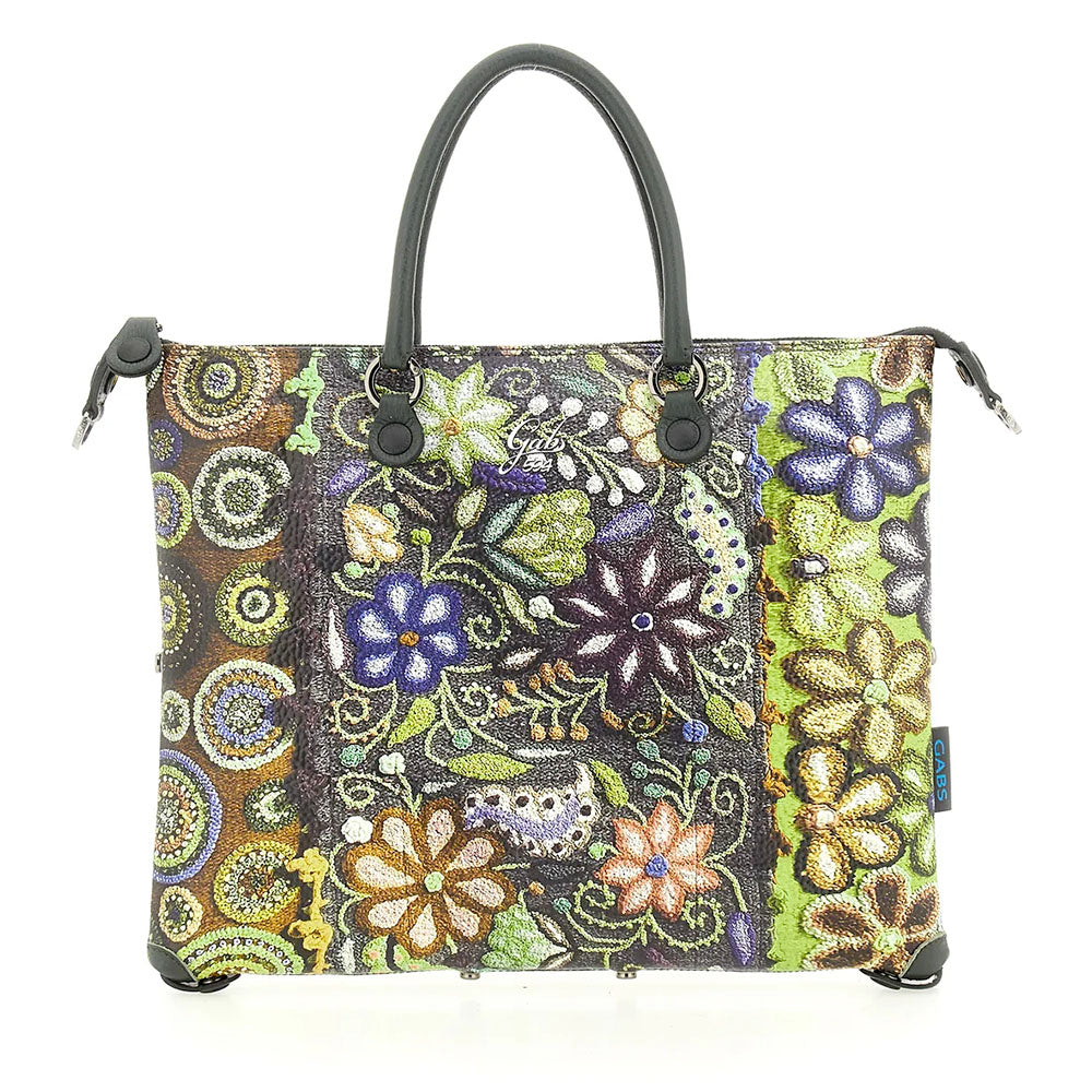 Borsa Donna a Mano con Tracolla GABS G3 PLUS Medium in Pelle stampa Ricamo Fiore Verde