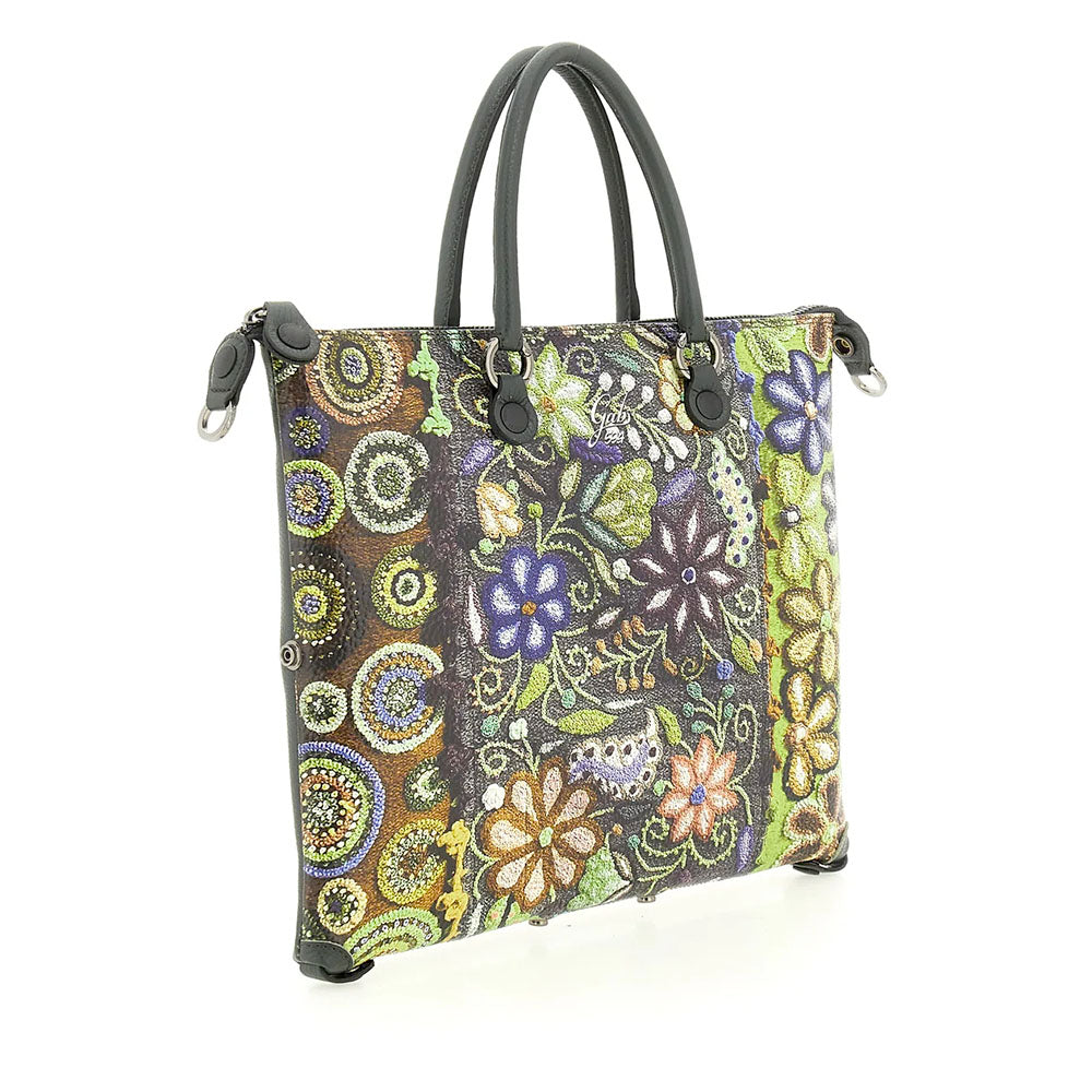 Borsa Donna a Mano con Tracolla GABS G3 PLUS Medium in Pelle stampa Ricamo Fiore Verde