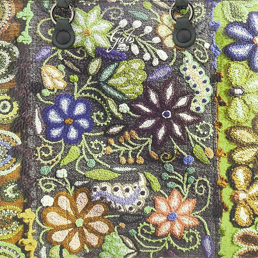 Borsa Donna a Mano con Tracolla GABS G3 PLUS Medium in Pelle stampa Ricamo Fiore Verde