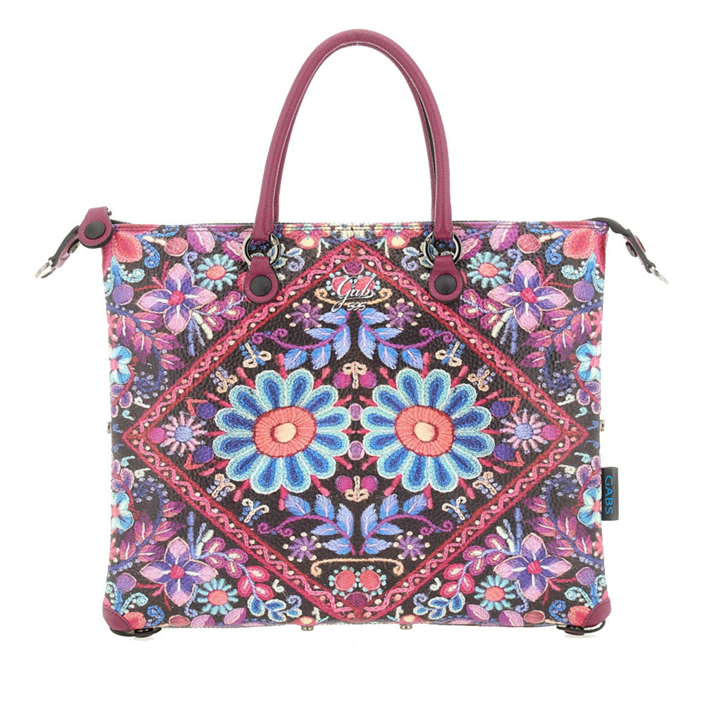 Borsa Donna a Mano con Tracolla GABS G3 PLUS Medium in Pelle stampa Ricamo Fiore Fuxia