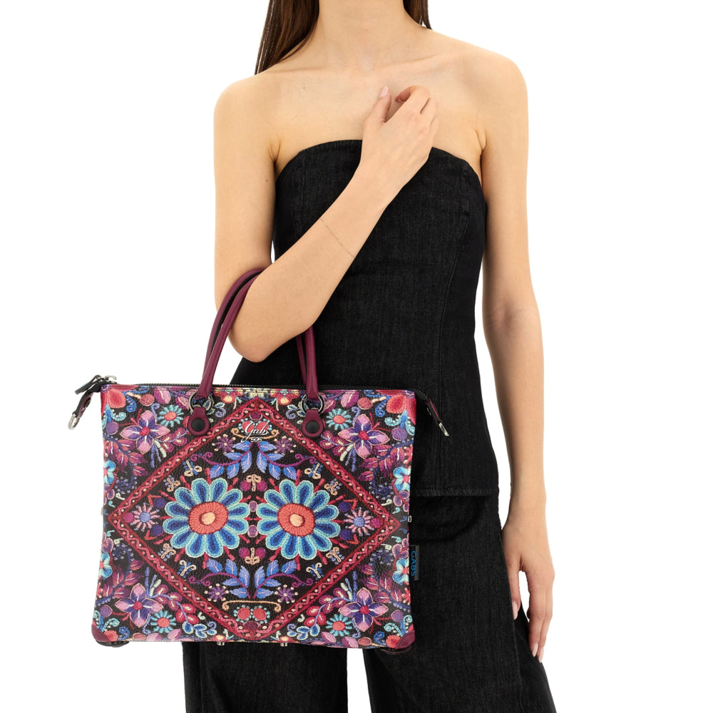 Borsa Donna a Mano con Tracolla GABS G3 PLUS Medium in Pelle stampa Ricamo Fiore Fuxia
