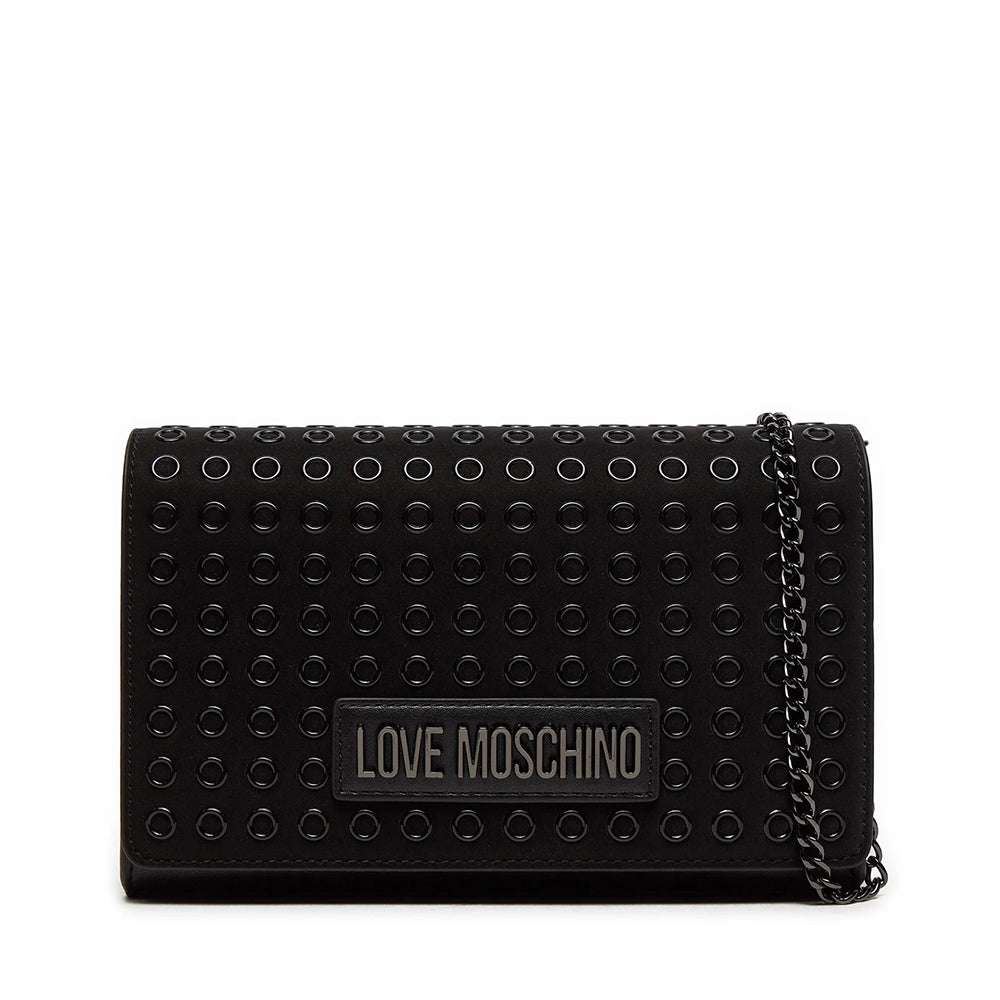 LOVE MOSCHINO GLAM UP LINIE
Damen-Clutch in schwarzem Leder mit Schultergurt und Gunmetal-Logo