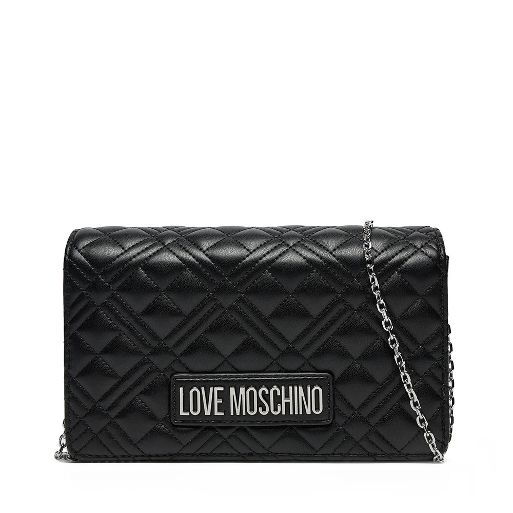 LOVE MOSCHINO Shiny Quilted Linie 
Damen Clutch mit Schultergurt in Schwarz und Nikel
