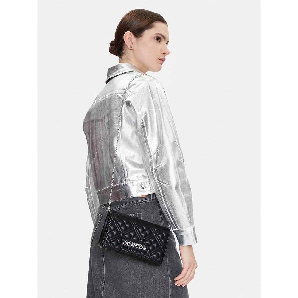 LOVE MOSCHINO Shiny Quilted Linie 
Damen Clutch mit Schultergurt in Schwarz und Nikel