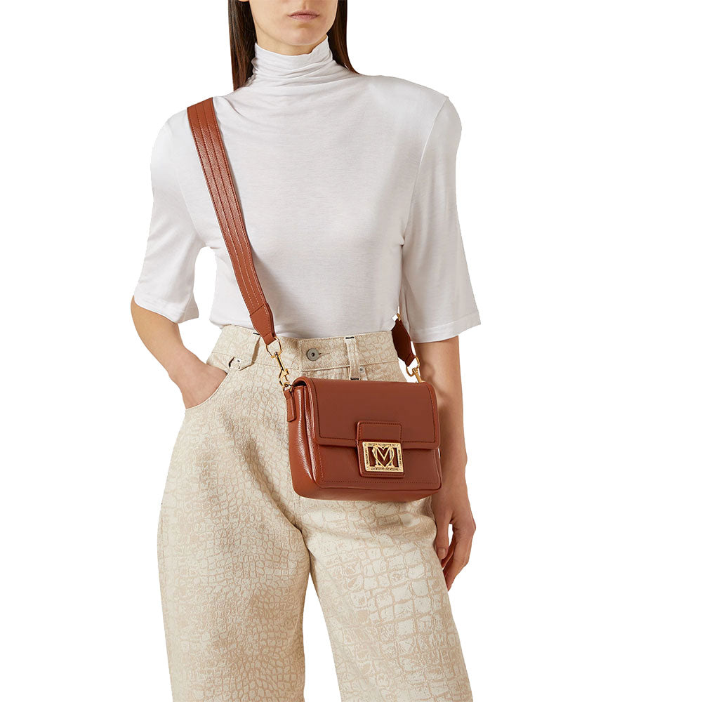 Borsa Donna a Tracolla LOVE MOSCHINO color Castagna con Placca Quadrata con Logo