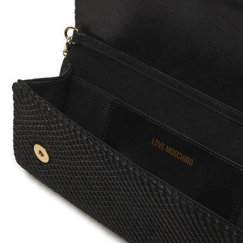 LOVE MOSCHINO
Damen Clutch mit Schultergurt aus schwarzem laminiertem Stoff