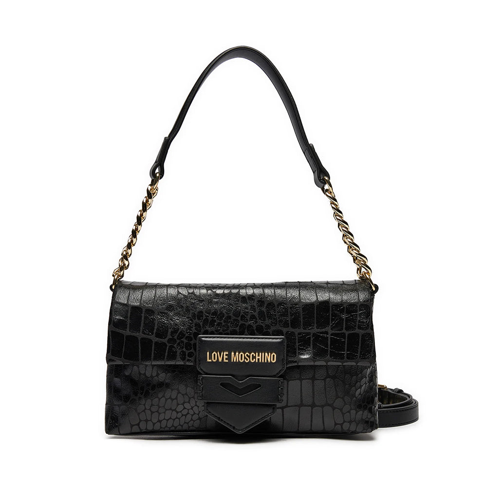 Borsa a Spalla con Tracolla LOVE MOSCHINO stampa Croco Nera