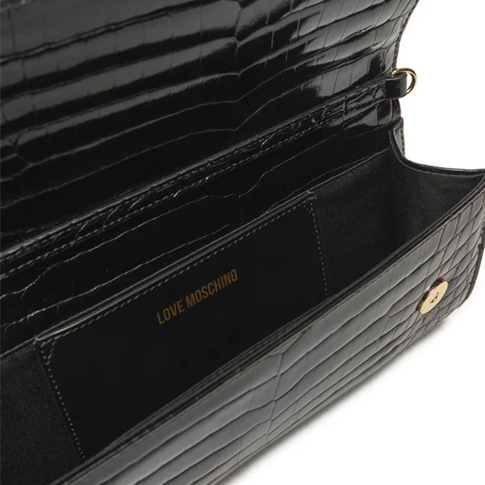 LOVE MOSCHINO LETTERING LOGO LINIE
Damen Clutch mit Schultergurt in Schwarz mit Kokosnuss Print