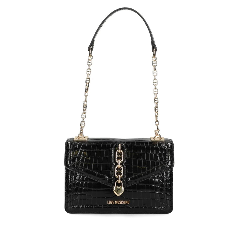 Borsa Donna a Spalla LOVE MOSCHINO linea Chain Detail stampa Cocco Nero
