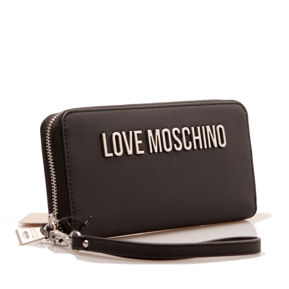 Portafoglio Donna Grande Zip Around LOVE MOSCHINO con Polsiera Nero e Nikel