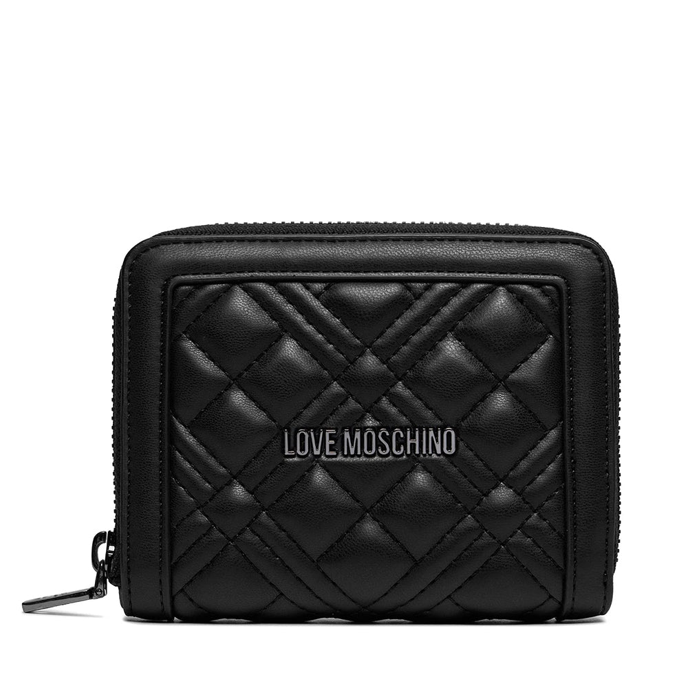 Portafoglio Donna Piccolo Zip Around Trapuntato LOVE MOSCHINO linea Quilted Nero con Logo Canna di Fucile