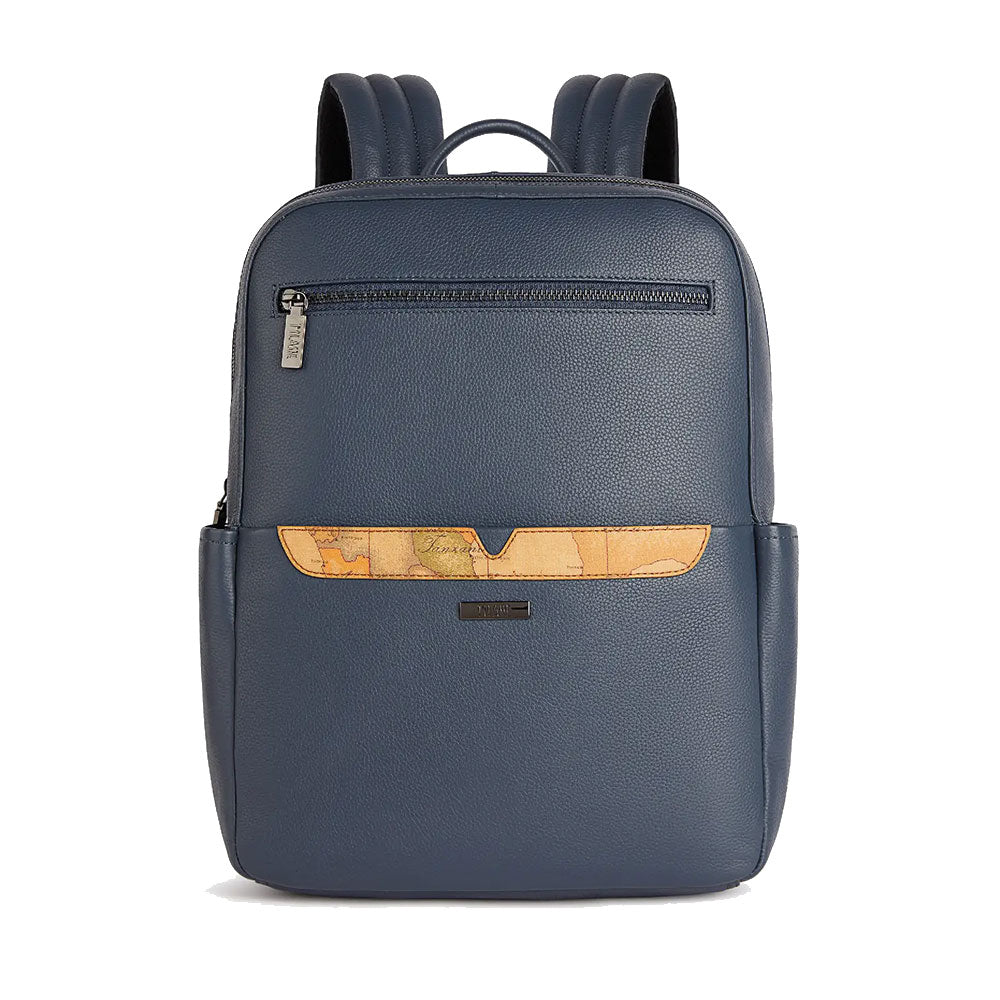 Alviero Martini 1A Classe Herren-Laptop-Rucksack, Trip Leather Line, aus Denim-blauem Leder, LA87