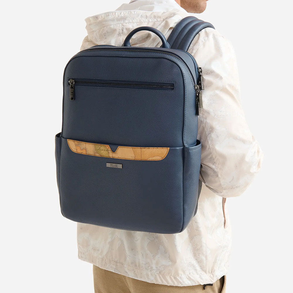 Alviero Martini 1A Classe Herren-Laptop-Rucksack, Trip Leather Line, aus Denim-blauem Leder, LA87