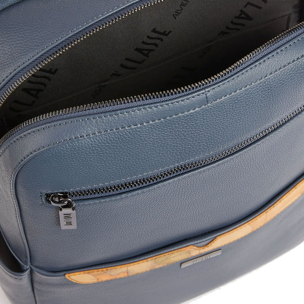 Alviero Martini 1A Classe Herren-Laptop-Rucksack, Trip Leather Line, aus Denim-blauem Leder, LA87
