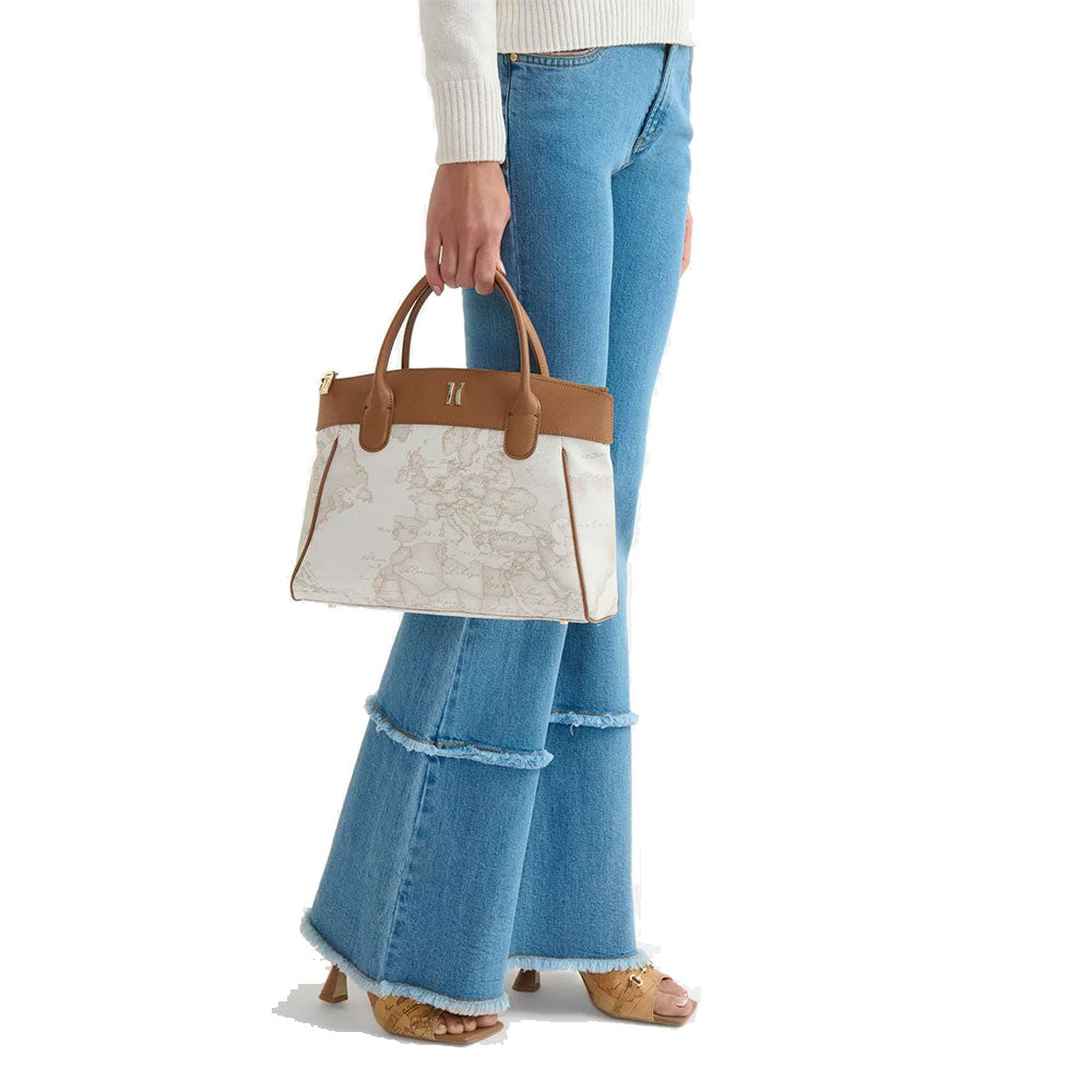 Borsa a Mano 1A Classe Alviero Martini linea Heritage Geo colore Geo White e Cuoio LC14