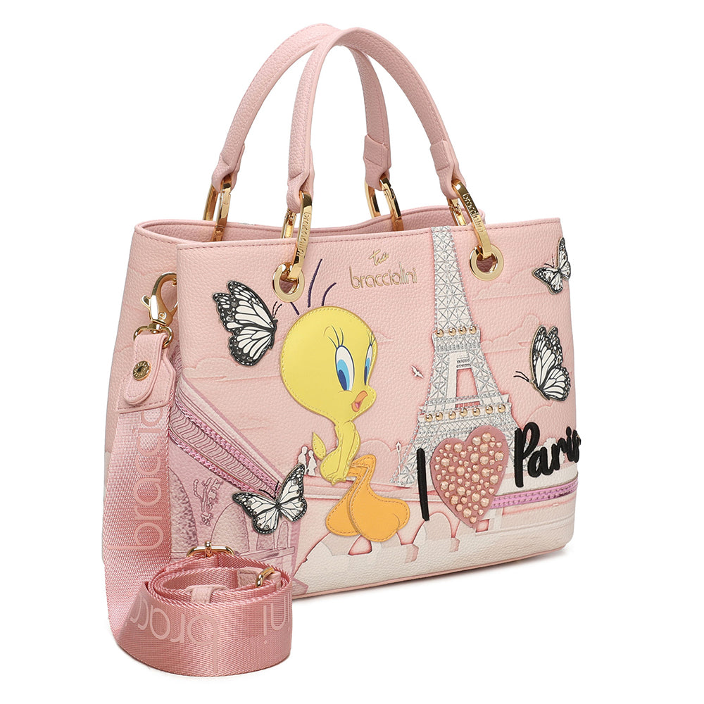 BRACCIALINI Damenhandtasche mit Tweety-Print in Pink und Postkarten LT-Linie
