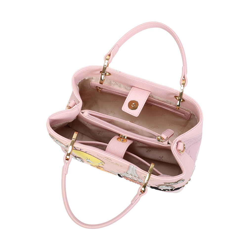 BRACCIALINI Damenhandtasche mit Tweety-Print in Pink und Postkarten LT-Linie