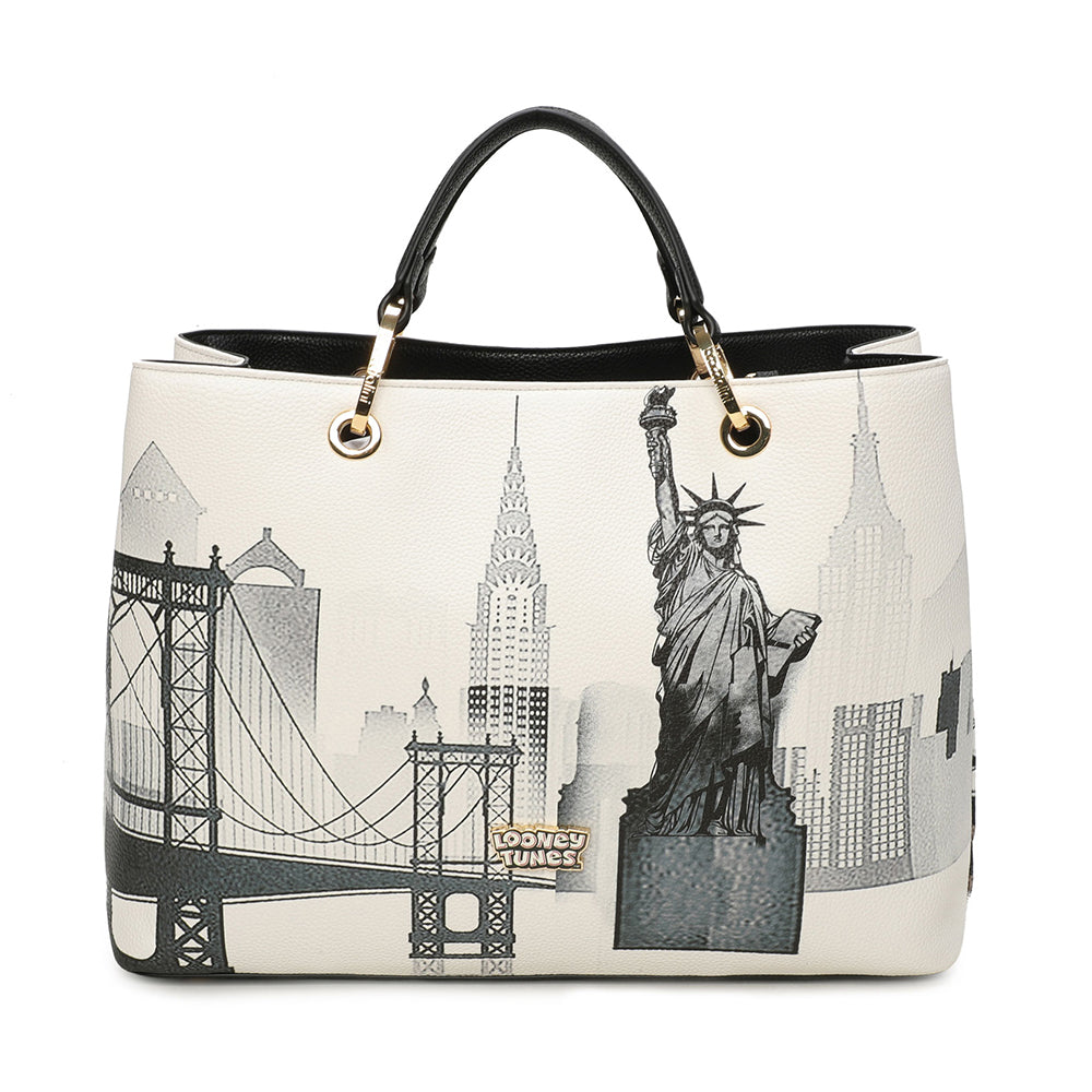 BRACCIALINI Große Damenhandtasche mit Bugs and Lola Bunny Print, Weiß, Postcards LT Line