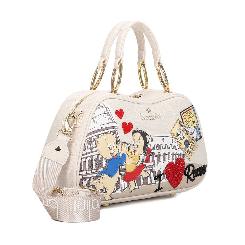BRACCIALINI Damenhandtasche Cartoline LT Linie Elfenbein Porky und Petunia Druck