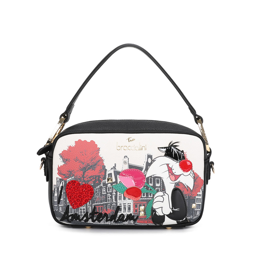 BRACCIALINI Damen-Umhängetasche, Cartoline LT Line, Schwarz, mit Silvestro-Print
