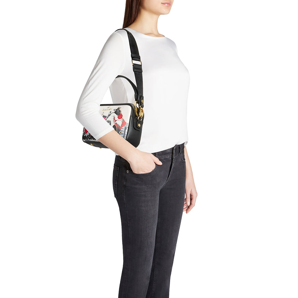 BRACCIALINI Damen-Umhängetasche, Cartoline LT Line, Schwarz, mit Silvestro-Print