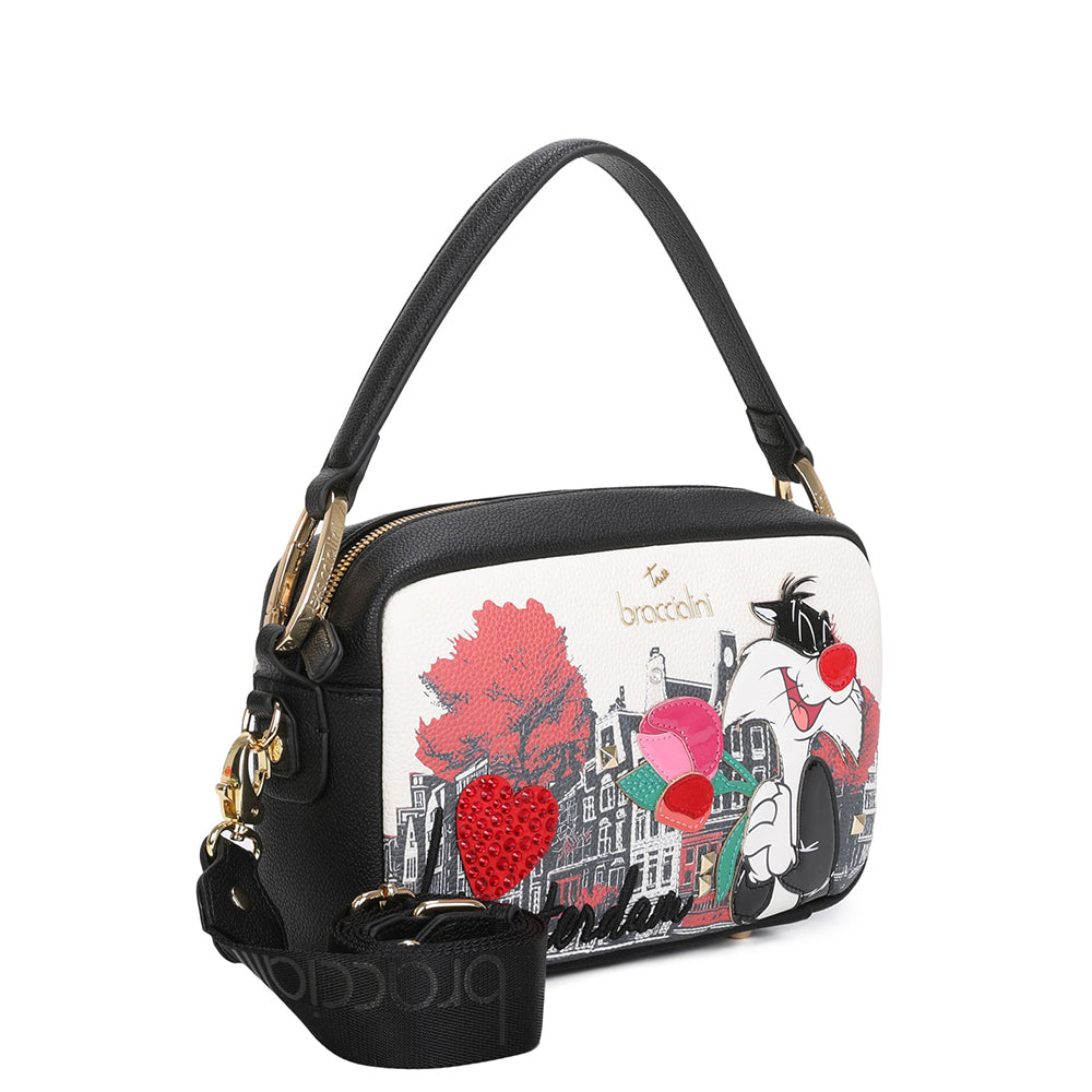 BRACCIALINI Damen-Umhängetasche, Cartoline LT Line, Schwarz, mit Silvestro-Print