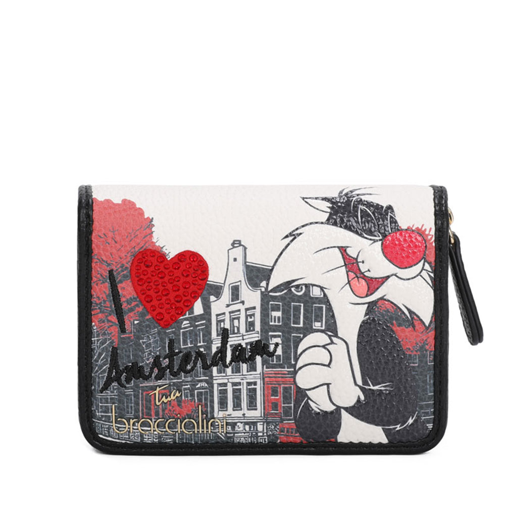 BRACCIALINI Damen Geldbörse mit Knopf, Cartoline LT Line, Schwarz, Silvestro Print