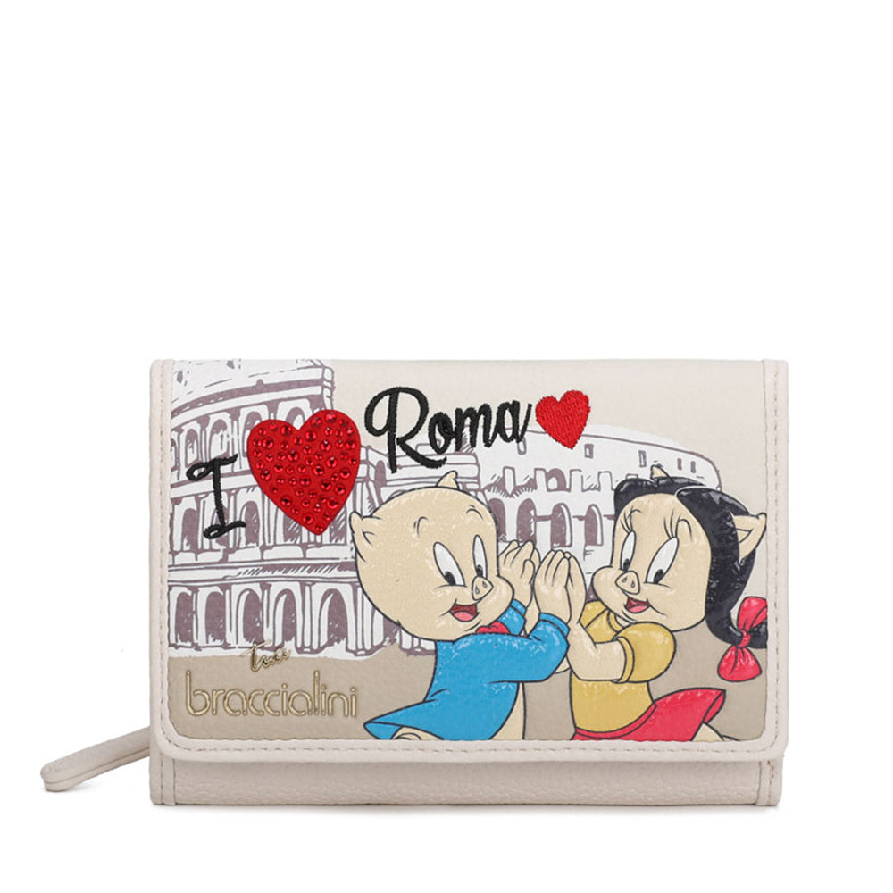 BRACCIALINI Cartoline LT Damen-Geldbörse, mittelgroß, mit Knopf, Elfenbein, Porky- und Petunien-Print