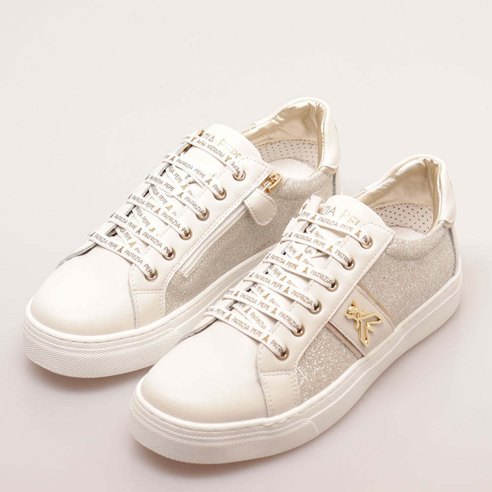 Sneakers Platform PATRIZIA PEPE Girl linea Flyglitter in Pelle e Glitter Off White e Platino