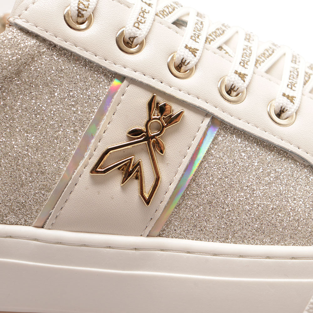 Sneakers Platform PATRIZIA PEPE Girl linea Flyglitter in Pelle e Glitter Off White e Platino
