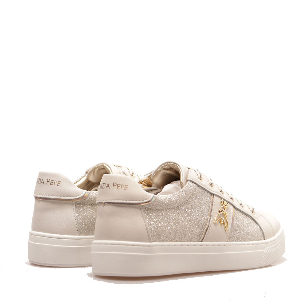 Sneakers Platform PATRIZIA PEPE Girl linea Flyglitter in Pelle e Glitter Off White e Platino