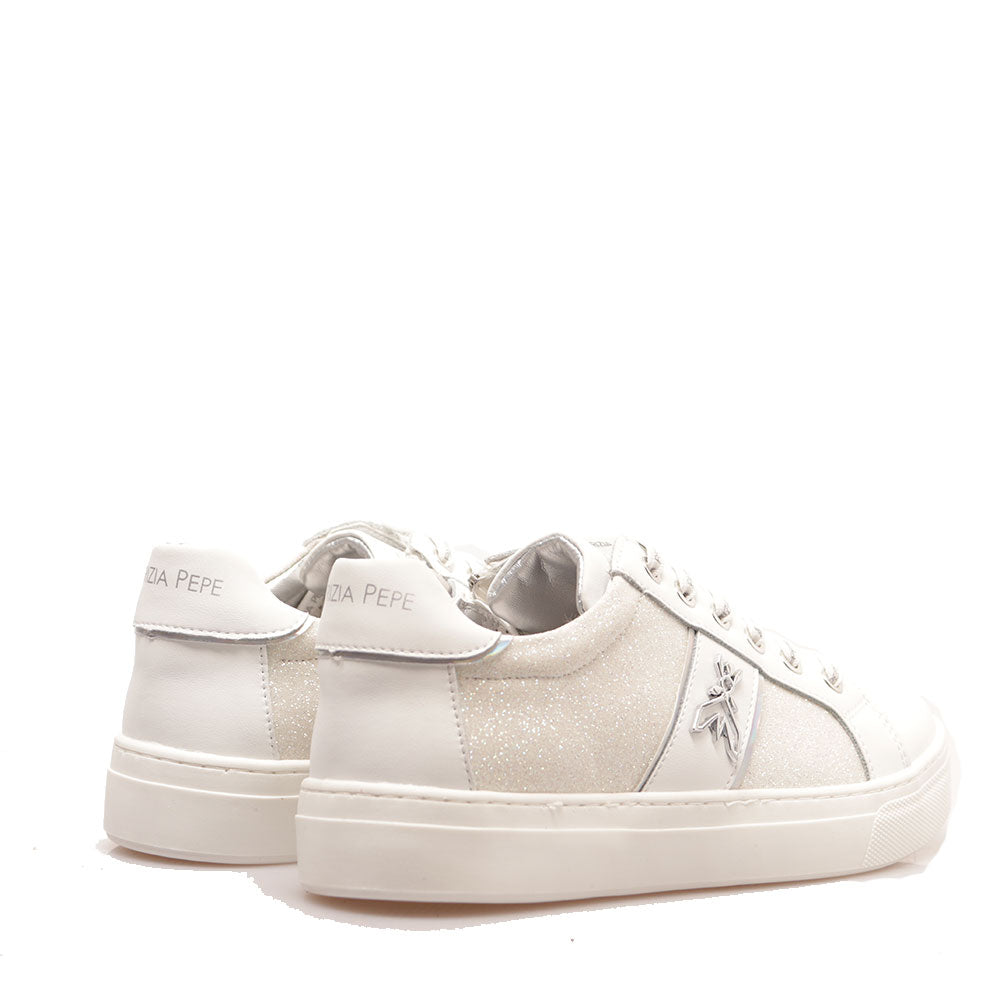 Sneakers Platform PATRIZIA PEPE Girl linea Flyglitter in Pelle e Glitter Bianco Argento