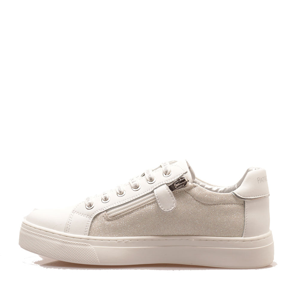 Sneakers Platform PATRIZIA PEPE Girl linea Flyglitter in Pelle e Glitter Bianco Argento